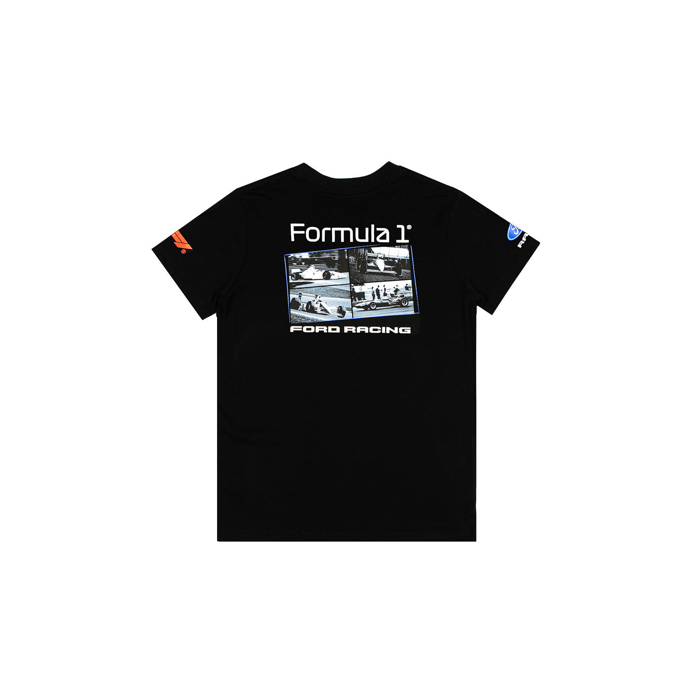 A black short-sleeve t-shirt featuring a 'Formula 1 Ford Racing' graphic on the chest, with a multi-panel racing photograph and white text. It has a small orange graphic on the right sleeve and a blue graphic on the left sleeve, displayed flat against a solid white background.